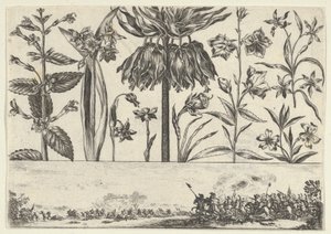 Bir Peyzajda Bir Savaş Sahnesi ile Bir Frizin Üzerinde Bir Sıra Çiçekle Yatay Panel, ..., 1645.