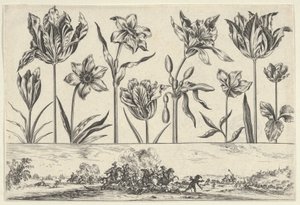 Bir Peyzajda Bir Savaş Sahnesi ile Bir Frizin Üzerinde Bir Sıra Çiçekle Yatay Panel, ..., 1645. by Nicolas Cochin
