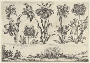 Bir Peyzajda Bir Savaş Sahnesi ile Bir Frizin Üzerinde Bir Sıra Çiçekle Yatay Panel, ..., 1645. by Nicolas Cochin