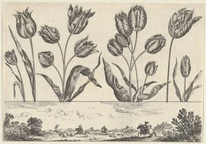 Bir Peyzajda Avlanma Sahnesi ile Frizin Üzerinde Bir Sıra Çiçekten Oluşan Yatay Panel,..., 1645. by Nicolas Cochin