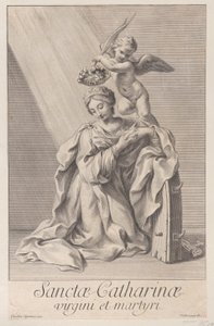 İskenderiyeli Aziz Catherine, dirseği çivili tekerleğe dayayarak diz çökmüş ve..., 1698. by Nicolas Dorigny