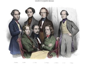 Galerie de la Gazette müzikali N. 2. 1842 Ünlüleri: Frederic Chopin (1810-1849) Franz Liszt (1811-1886), Jacob (Jakob, Jacques) Rosenhain, Edouard Wolff, Sigismund Thalberg, Adolf von Henselt, Theodor (Theodore) Dohler (1814-1856). Nicolas tarafından gravü