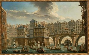Paris, Pont Notre-Dame ve Pont au Change arasında kayıkçıların mızrak dövüşü by Nicolas and Jean Baptiste Raguenet