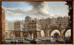 Notre Dame köprüsü ile Pont au Change arasındaki mavna mızrak dövüşü by Nicolas and Jean Baptiste Raguenet
