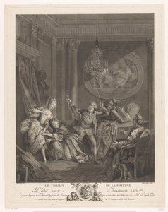 Bir iç mekanda bir kemancı ve iki genç kadın, oturmuş bir adam izliyor Le Chemin de la Fortune (nesnedeki başlık) by Nicolas Joseph Voyez