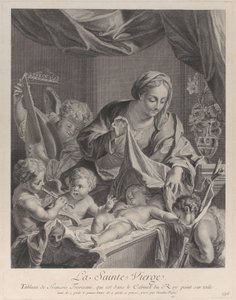 Uyuyan İsa çocuğunun üzerinde bir bez tutan Bakire, müzikal melekler ve th..., ca. 1729. by Nicolas Pigne