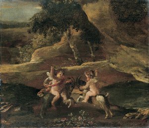Putti Keçilerin Üzerinde Dövüşüyor by Nicolas Poussin
