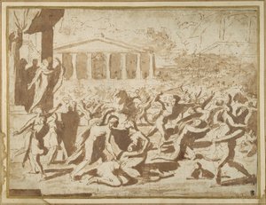 Sabine Kadınlarının Kaçırılması Çalışması, c.1633 (kağıt üzerinde mürekkep ve yıkama) by Nicolas Poussin