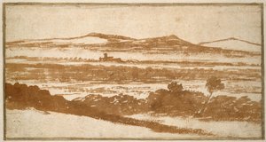 Uzaktaki Tepelere doğru bir Vadi manzarası (fırça ve kırmızımsı-kahverengi kaplama, kirli beyaz kağıt üzerinde, beyaz bir kart yuvasına yerleştirilmiş) by Nicolas Poussin