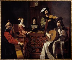 Barok müzik: “” Konser””” Yaylı çalgılar çalan müzisyenler. Nicolas Tournier (1590-1657) tarafından boyama 17. yüzyıl Güneşi. 1,88x2,26 m
