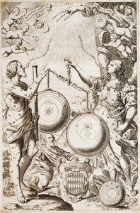 Argo ve Astrea alegorileri arasında oturan Tolomeo, Copernicus ve Riccioli tarafından çizilen kozmoloji şemaları üzerine kafa yoruyor, örnek Giovanni Battista Riccioli'nin astronomi tarihi üzerine incelemesinden alınmıştır Almagestum Novum, Bologna by Nicolaus (after) Copernicus