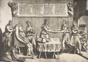 Saygıdeğer Aylaklık, Cockaigne Kraliçesi, hareketli bir tuvalet sandalyesine oturan şişman bir kadın..., 1565. by Nicolo Nelli