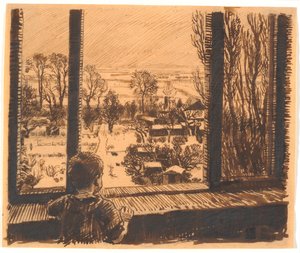 Bahçeye ve tarlaya bakan bir pencerenin yanında bir çocuk by Niels Skovgaard