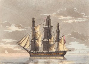 Sakin bir deniz manzarasında tüm yelkenleri olan bir Danimarka fırkateyni by Niels Truslew