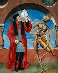 Albrecht Kauw tarafından Ölüm Dansı döngüsünden Ölüm, Canon avukatı ve Astrolog by Niklaus Manuel