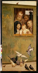 Hayat her yerde. (Demir parmaklıklı bir vagonun penceresinden gülen yüzlerle çevrili bir çocuk kuşlara kırıntıları atar). Nikolai Aleksandroviç Yaroshenko (Yarochenko) (1846-1898), tuval üzerine yağlı boya