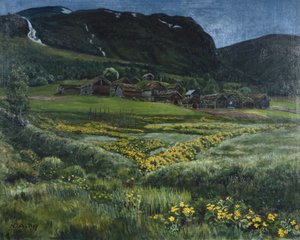 Haziran gecesi ve eski batı Norveç avlusu (tuval üzerine yağlı boya) by Nikolai Astrup