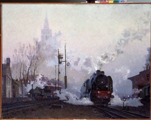 Yolda (Yolda). Buharlı lokomotifler, şehir manzarasını bacalarından çıkan dumana boğar. Nikolai Dmitryevich Kuznetsov'un (1923-1974) tablosu, tuval üzerine yağlı boya