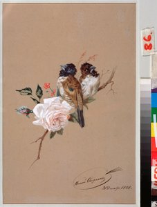 Bir Gül Üzerinde İki Kuş - Nikolai Yegorovich Sverchkov (Nicolas Swertschkoff) (1817-1898), kağıt üzerine suluboya ve mürekkep çalışması
