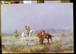 Falconry (Falconry). Orta Asyalı biniciler bozkırlarda avlanmak için şahinleri eğitir. Nikolai Nikolayevich Karasin