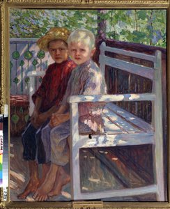 Çocuklar (Çocuklar). Biri sarı, diğeri kahverengi saçlı iki çocuk, güneşte bir bankta çıplak ayakla oturuyorlar. Nikolai Petrovich Bogdanov Belsky (Bogdanov-Belsky) (Bogdanov Belsky) (Bogdanov-Belsky) (1868-1945) tarafından yapılan resim. Tuval üzerine yağ