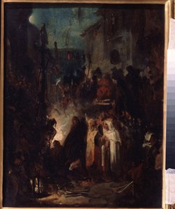 Autodafe (Autodafe). Sokak sahnesi, gece engizisyon mahkemesinin kararının ardından, kalabalık ve din adamları ateşin etrafında toplandı. Nikolai Petrovich Lomtev (1816-1859), karton üzerine yağlı boya çalışması. Rus sanatı by Nikolai Petrovich Lomtev