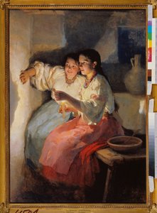 Noel Arifesinde Kehanet (İki genç kız bir duvarda mum ışığında gölgeler yapar) - Noel Arifesi falcılık - Resim Nikolai Kornilovich Pimonenko (1862-1912), tuval üzerine yağlıboya