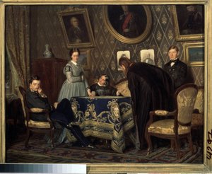 Koğuş. Utanmış ve utanmış görünen karakterler, burjuva bir iç mekanda bir masanın etrafında toplandı. Nikolai Vasilyevich Nevrev