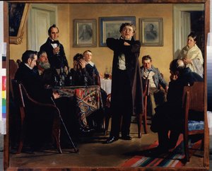 Aktör Pavel Mochalov (1808-1848) hayranlarını çevreliyor. (Oyuncu P. Mochalov hayranları arasında). Romantik Rusya