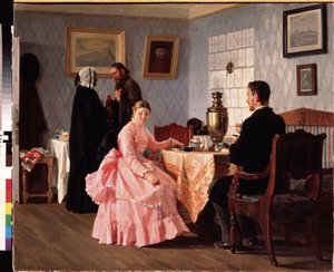 Çöpçatanlık. Genç bir çiftin düğün organizasyonu için bir fincan çay etrafında düzenlenen toplantı. Nikolai Vasilyevich Nevrev (1830-1904), tuval üzerine yağlı boya tablosu