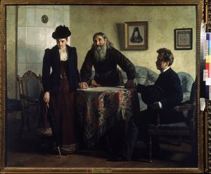 Bir İtiraf (Bir Öğüt). Evliliklerinde kriz yaşayan bir çift, bir Ortodoks rahibini ziyaret eder ve ahlaki davranış konusunda bir ders alır. Nikolai Vasilyevich Nevrev (1830-1904), tuval üzerine yağlı boya tablosu by Nikolai Vasilievich Nevrev