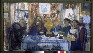 Çay iç. Ortasında semaver olan bir masanın etrafında bir aile toplanmış. Nikolai Nikolayevich Sapunov