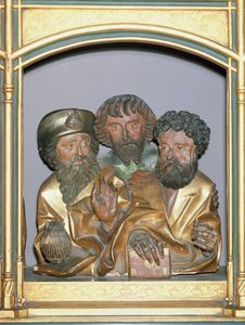 Isenheim Altarpiece predella'sından Aziz James Büyük, Aziz Simon ve Aziz Thaddeus'un ahşap oymaları, c.1490 (boyalı ahşap)