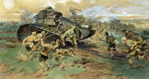 Kırım'da Bir Tankın Ele Geçirilmesi. Rus İç Savaşı sırasında (1917-1923), Beyaz Ordu ile Kızıl Muhafızların karşı karşıya geldiği savaş sahnesi. Nikolai Semyonovich Samokish'in (1860-1944) çalışması, kağıt üzerine suluboya by Nikolay Semenovich Samokish