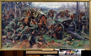 1915'te Alman topçusuna hücum eden Rus süvari (1915'te Alman topçusuna hücum eden Rus süvari). Nikolai Yakovlevich Borisov'un (1873-1942) tablosu. Tuval üzerine yağlı boya, 75 x 142 cm, 20. yüzyıl başı Rus sanatı. Devlet Merkez Topçu by Nikolay Yakovlevich Borisov