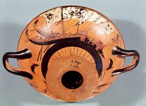 Yunan yelkenli gemilerini betimleyen tavan arası siyah figürlü fincan, yaklaşık MÖ 520 (çömlek) by Nikosthenes