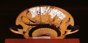 Bir Yunan yelkenli gemisini betimleyen bir Attika siyah figürlü bardağın dış detayı, MÖ 520 dolayları (çömlek) by Nikosthenes