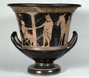 Savaştan dönen bir Hoplite'yi tasvir eden kırmızı figürlü kaliks krateri (seramik) (ayrıca bkz. 39291)