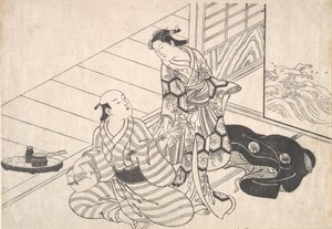 Shamisen oynayan sevgilisinin sözünü kesen bayan.