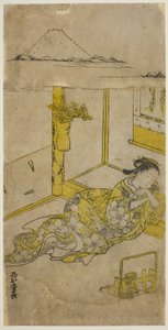 Fuji Dağı ile Uyuyan Genç Kadın by Nishimura Shigenaga