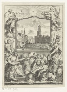Stadsgezicht, Domkerk te Utrecht ile alegori ile bir araya geldi Utrechtse stedenmaagd ile bir araya geldi Başlık sayfası: Elias de Vries, Dissertatio juridica de jure naturali ac gentium, seu duos prioribus juris continentur, 1745 by Noach van der Meer (I)