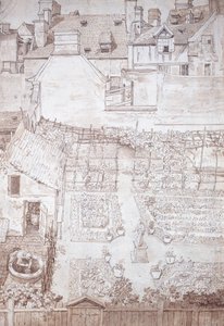 Bir şehir evinin bahçesi, parterler ve asma pergolalı, binalarla çevrili, c.1677 (kalem ve kahverengi mürekkepli kahverengi mürekkep)