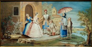 Komedyen ve oyun yazarı Jean Baptiste Poquelin dit Moliere (bir diz yere çökmüş) ve komedyenleri 1668