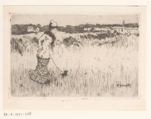 Bir manzara içinde köpek ile yürüyen bayan by Norbert Goeneutte