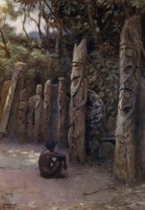 Taş "Demits" veya eşlik eden ahşap figürleriyle Ruhlar, Malekula Adası, Yeni Hebridler (renkli taş) by Norman Hardy