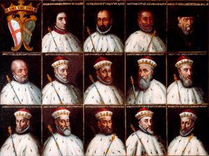 Genler Cumhuriyeti arması ve Doges portreleri - Simone Boccanegra, Ottaviano Fregoso ve Antoniotto II Adorno; Andrea Doria. Oberto Cattaneo Lazzari, Battista Spinola, Battista Lomellini, Cristoforo Grilaldi Rosso, Giovanni Battista Doria