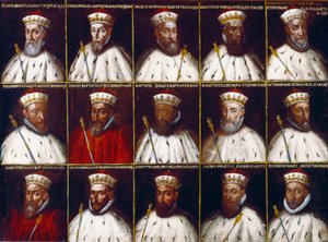 Genler Cumhuriyeti arması ve Doges portreleri. Gaspare Grimaldi Bracelli, Luca Spinola, Giacomo Promontorio, Agostino Pinello Ardimenti, Pietro Giovanni Chiavica, Girolamo Vivaldi, Paolo Battista Giudice, Battista Cicala Zoaglio, Giovan by Northern Italian School
