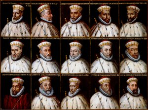 Genler Cumhuriyeti arması ve Doges portreleri. Gio. Battista Gentile Pignolo, Nicolò Doria, Gerolamo De Franchi Toso, Gerolamo Chiavari, Ambrogio Di Negro, Davide Vacca (veya Vaccari), Battista Negrone, Gio Giustiniani Campi, Antonio Grimal