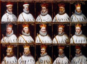 Genler Cumhuriyeti arması ve Doges portreleri. Giovanni Stefano Doria, Francesco Gio. Brignole Sale, Agostino Pallavicini, Giovanni Battista Durazzo, Agostino Giovanni De Marini, Giovan Battista Lercari, Luca Giustiniani, Giovanni Battista L by Northern Italian School