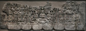Duvar heykeli: Budaların ve Bodhisattvaların Cennetteki Buluşmaları, Handan, Hebei Eyaleti, 550-577 (pigment izleri olan kireçtaşı)